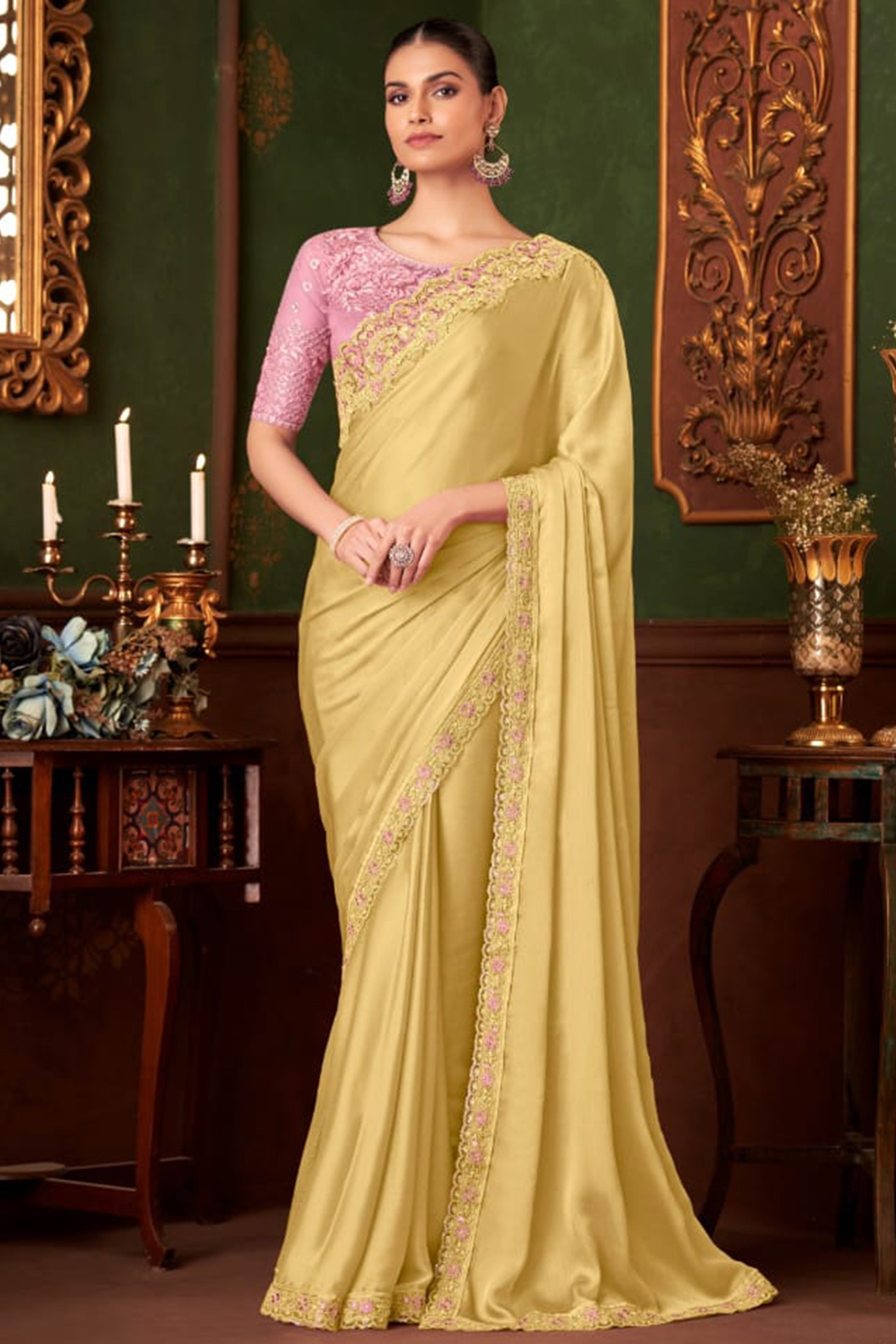 Elegant Yellow Floral Thread Embroidered Chiffon Saree Featuring Sequins Accents