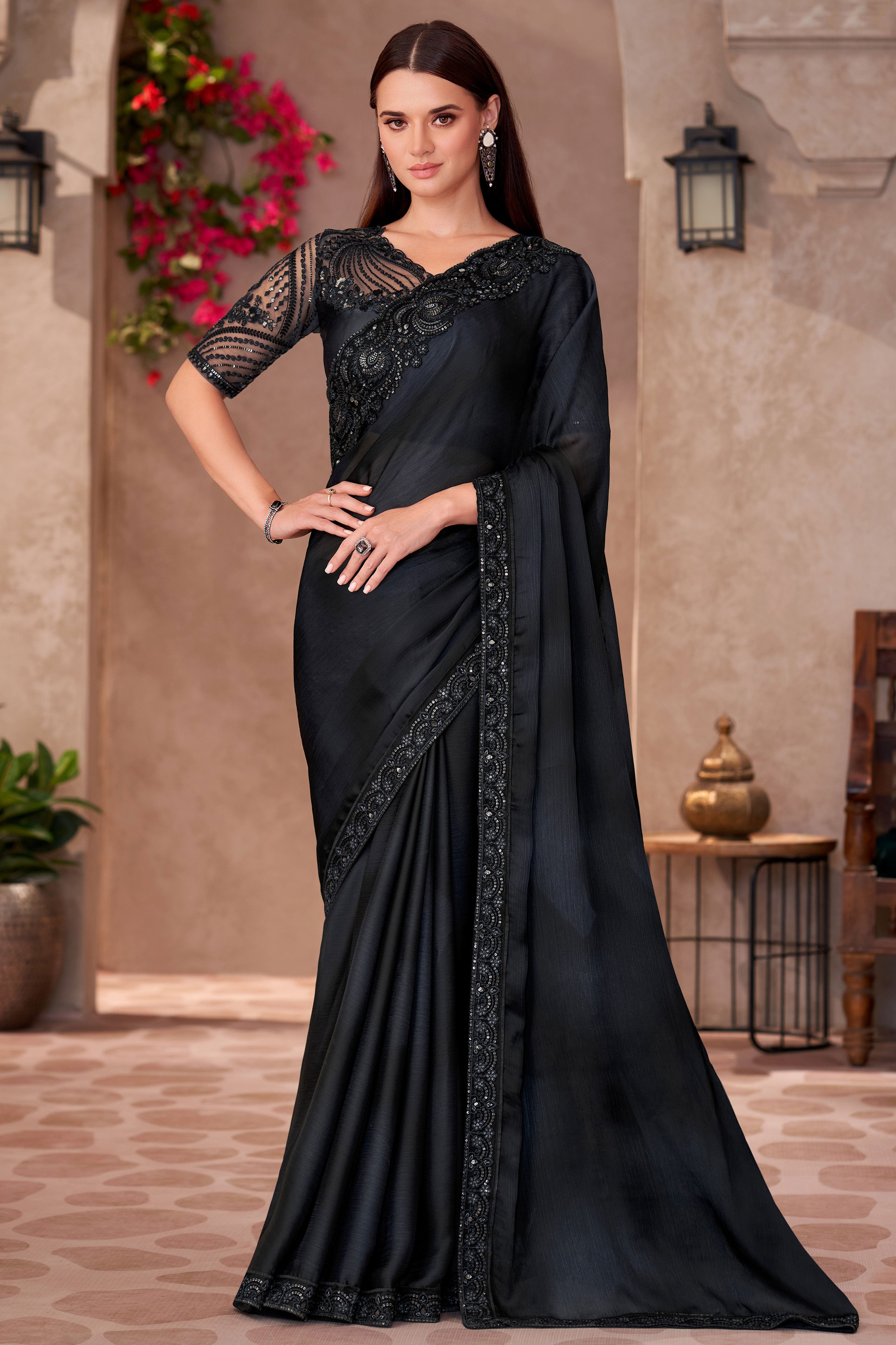 Party Perfect Black Chiffon Saree with Shimmering Sequin and Thread Embroidery