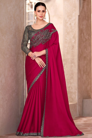 Party Perfect Rose Pink Chiffon Saree with Shimmering Sequin and Thread Embroidery