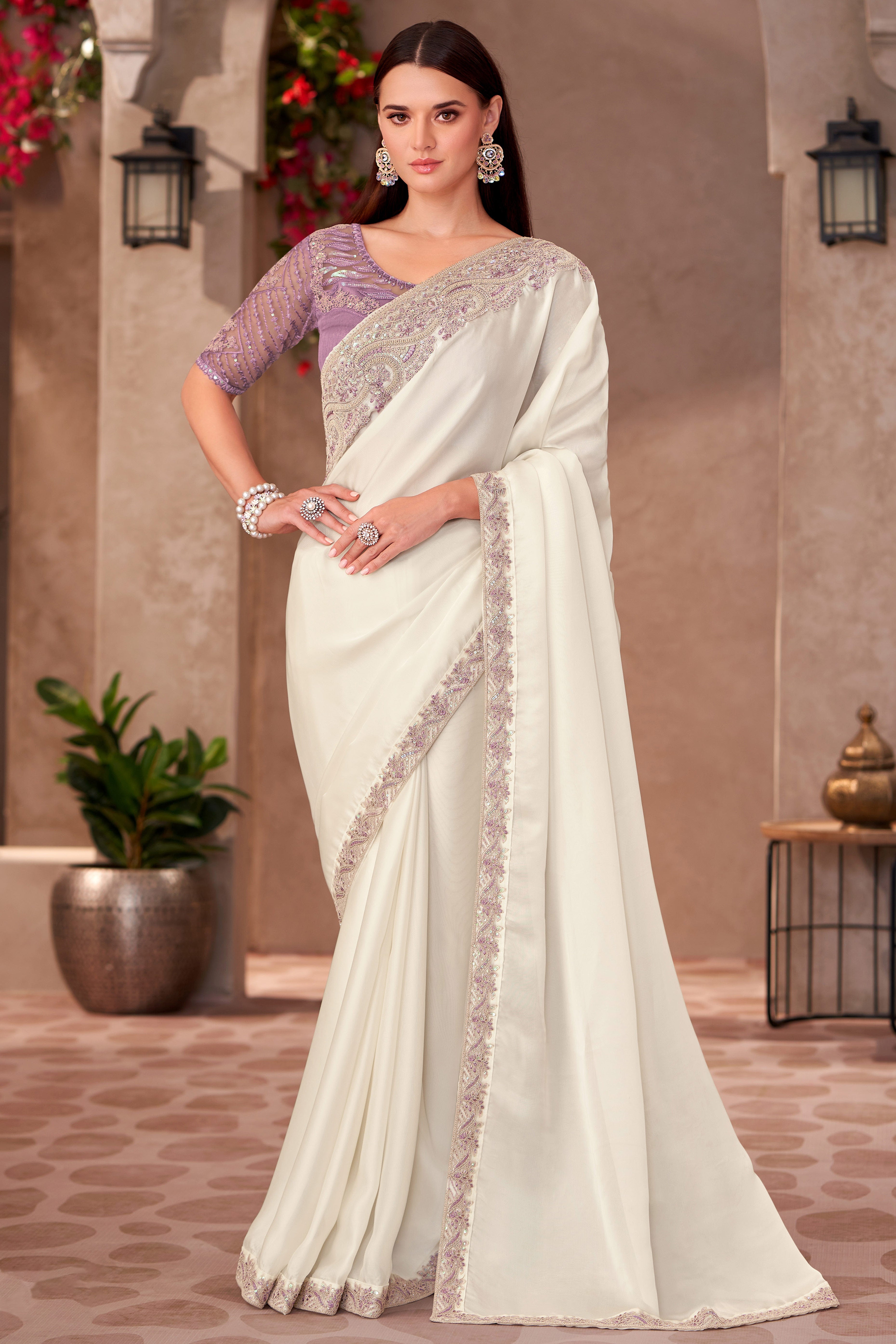 Party Perfect White Georgette Saree with Shimmering Sequin and Thread Embroidery