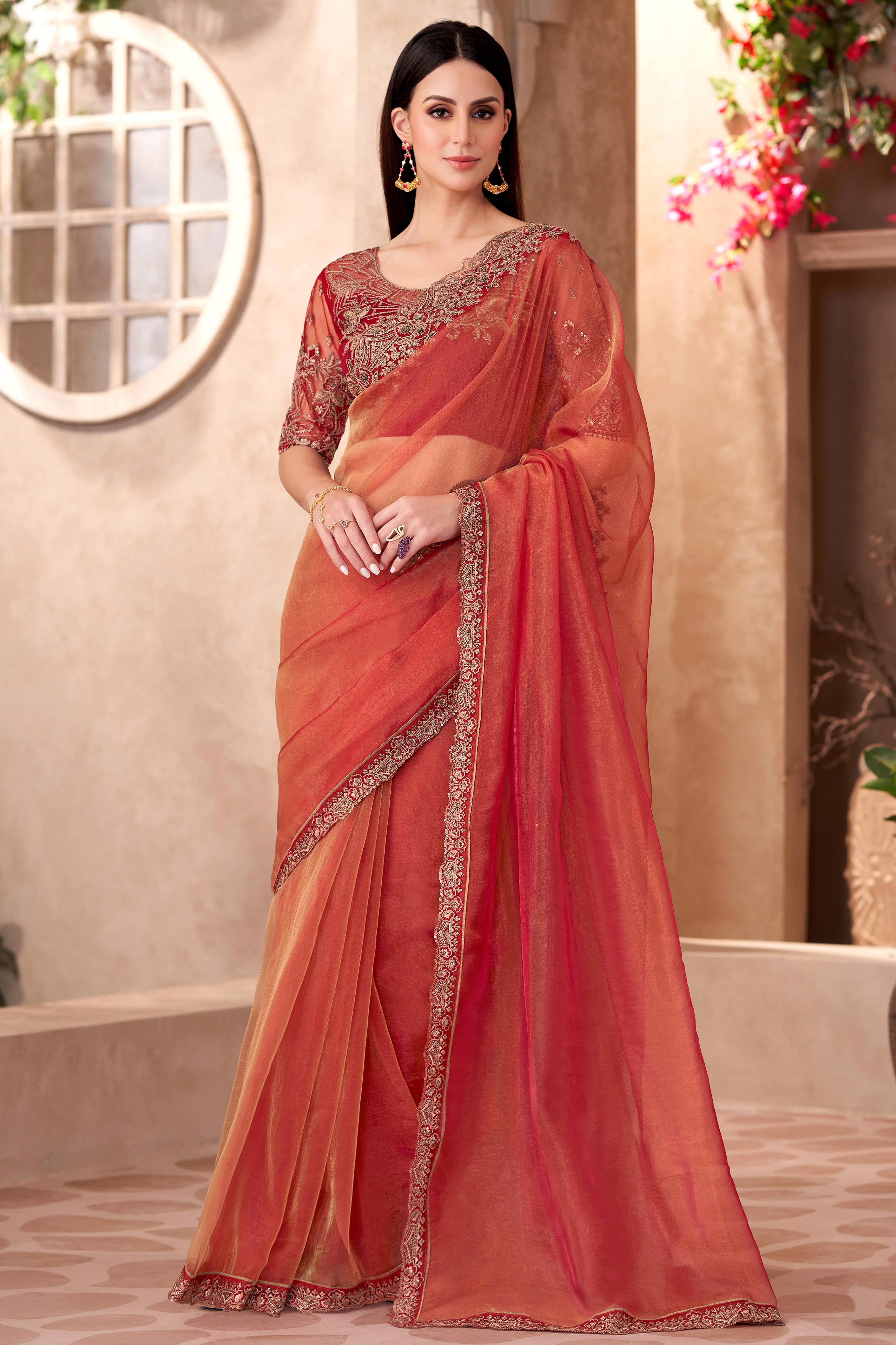 Party Perfect Orange Tissue Saree with Shimmering Sequin and Thread Embroidery