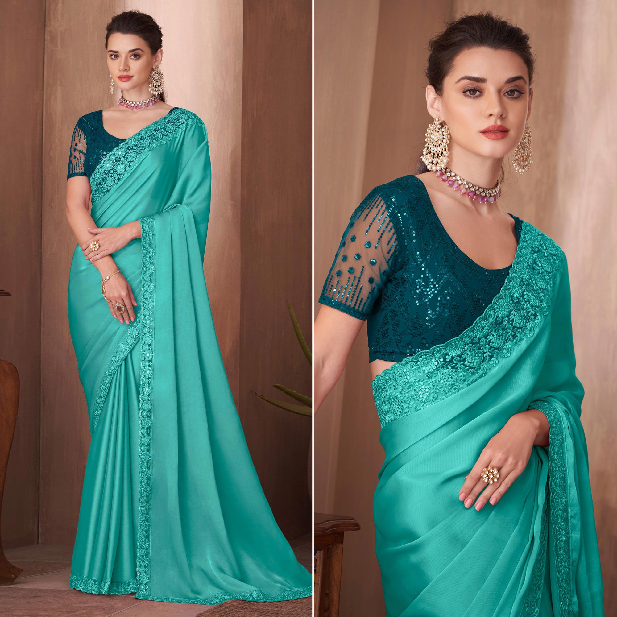 Turquoise Embroidered Satin Saree