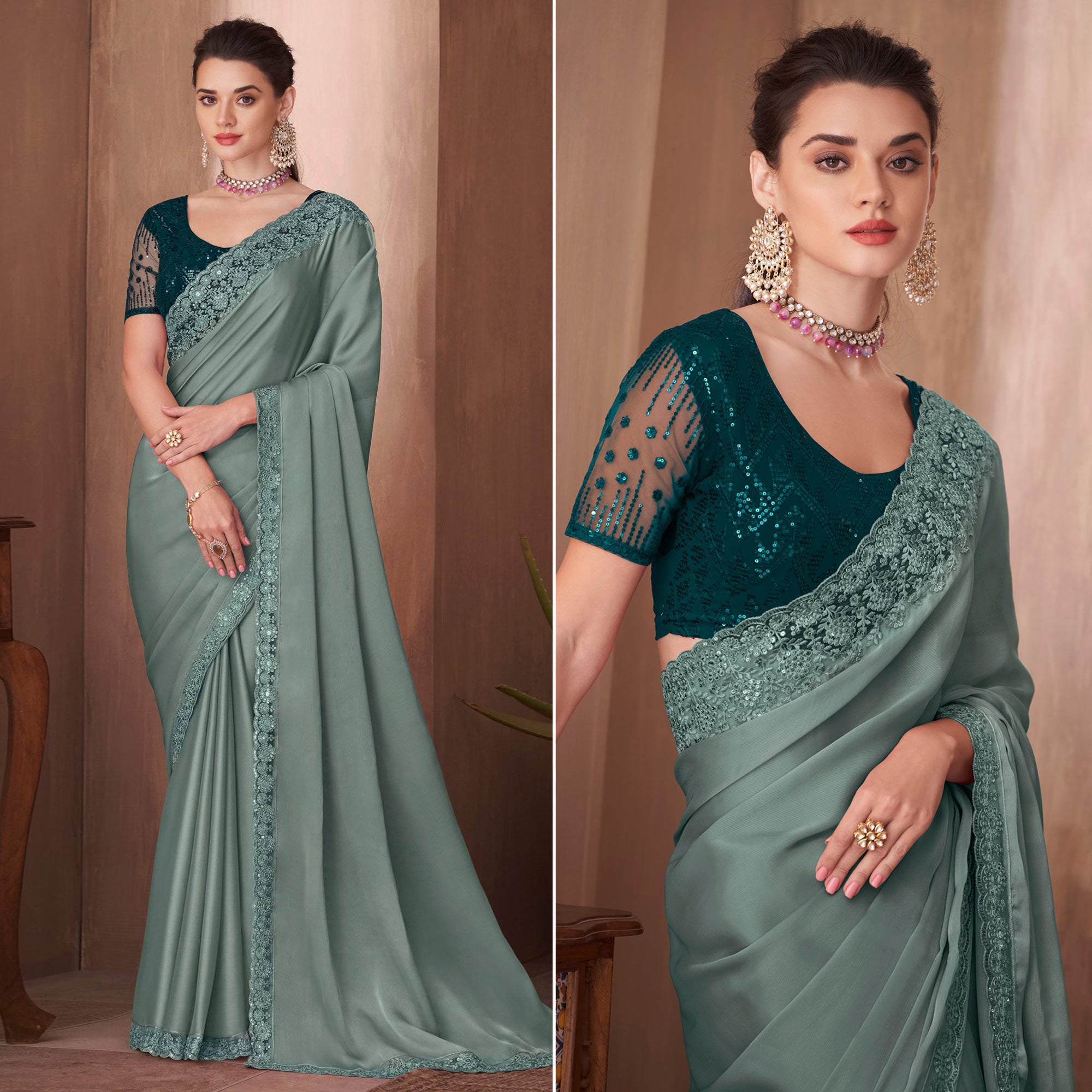 Teal Grey Embroidered Satin Saree