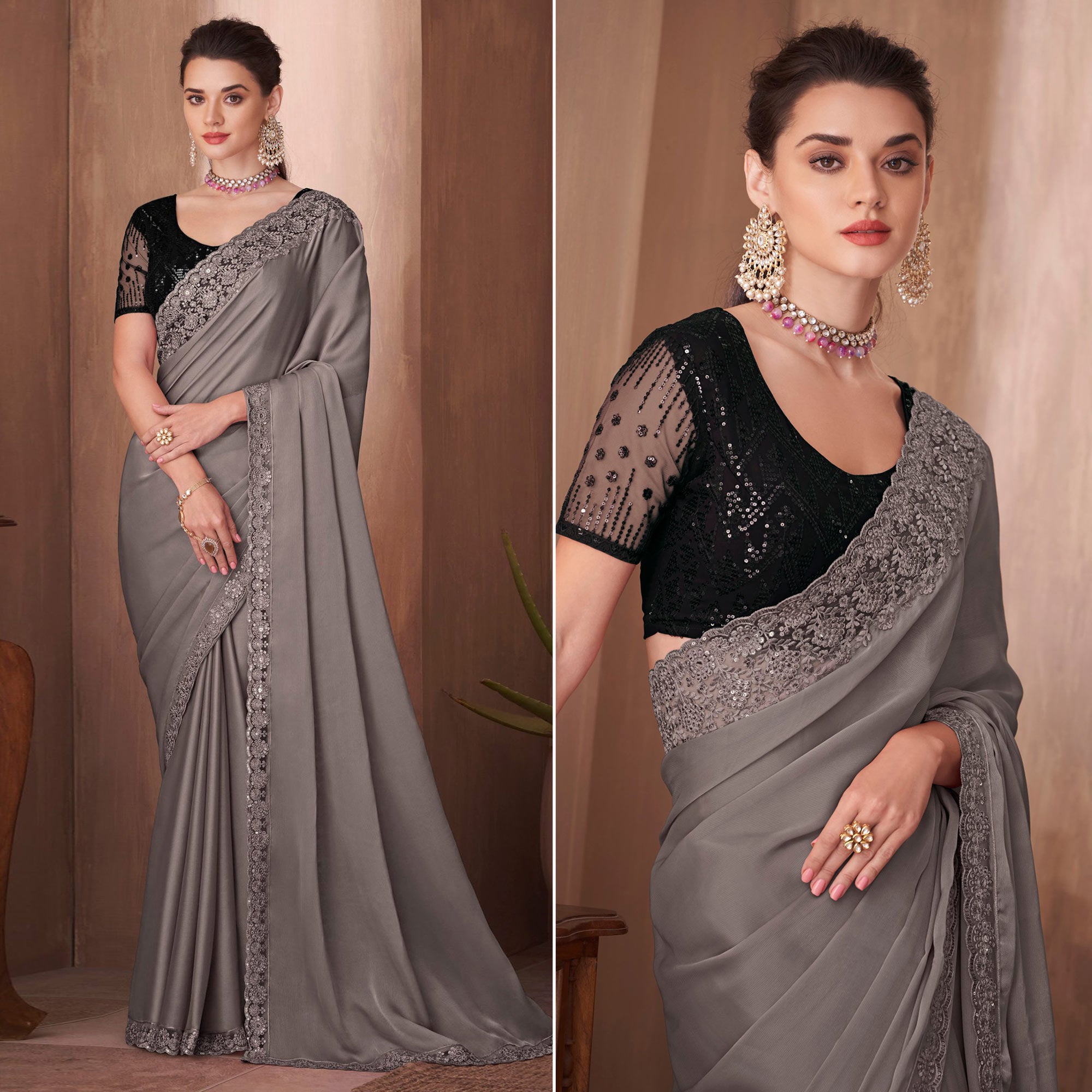 Grey Embroidered Satin Saree