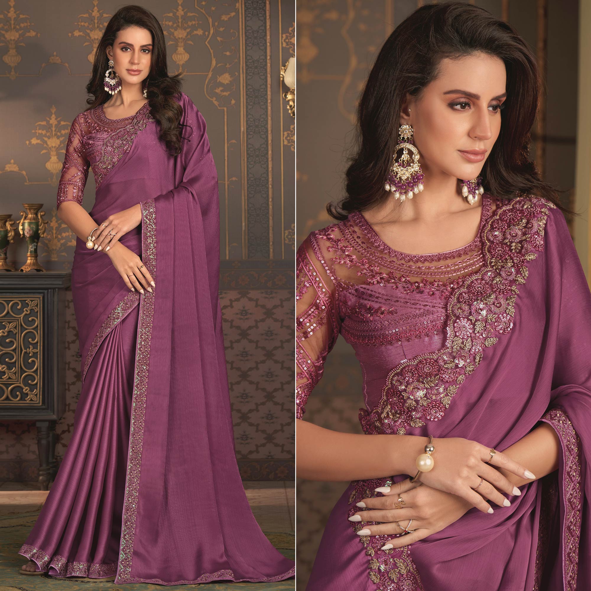 Purple Embroidered Designer Satin Saree