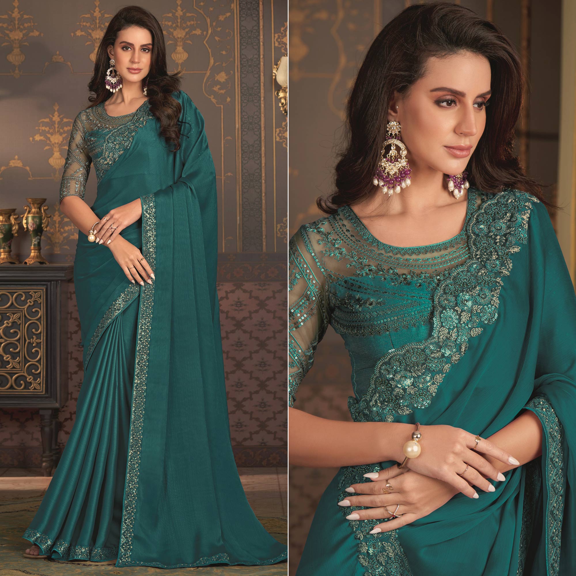 Teal Embroidered Designer Satin Saree