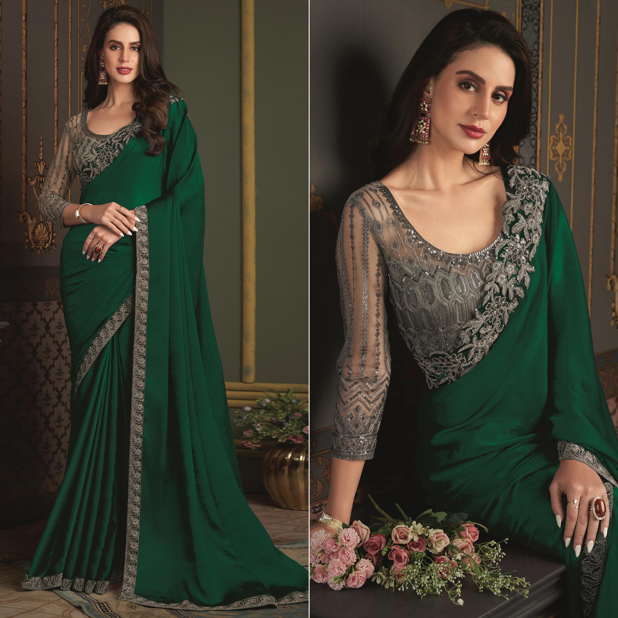 Green Embroidered Designer Satin Saree