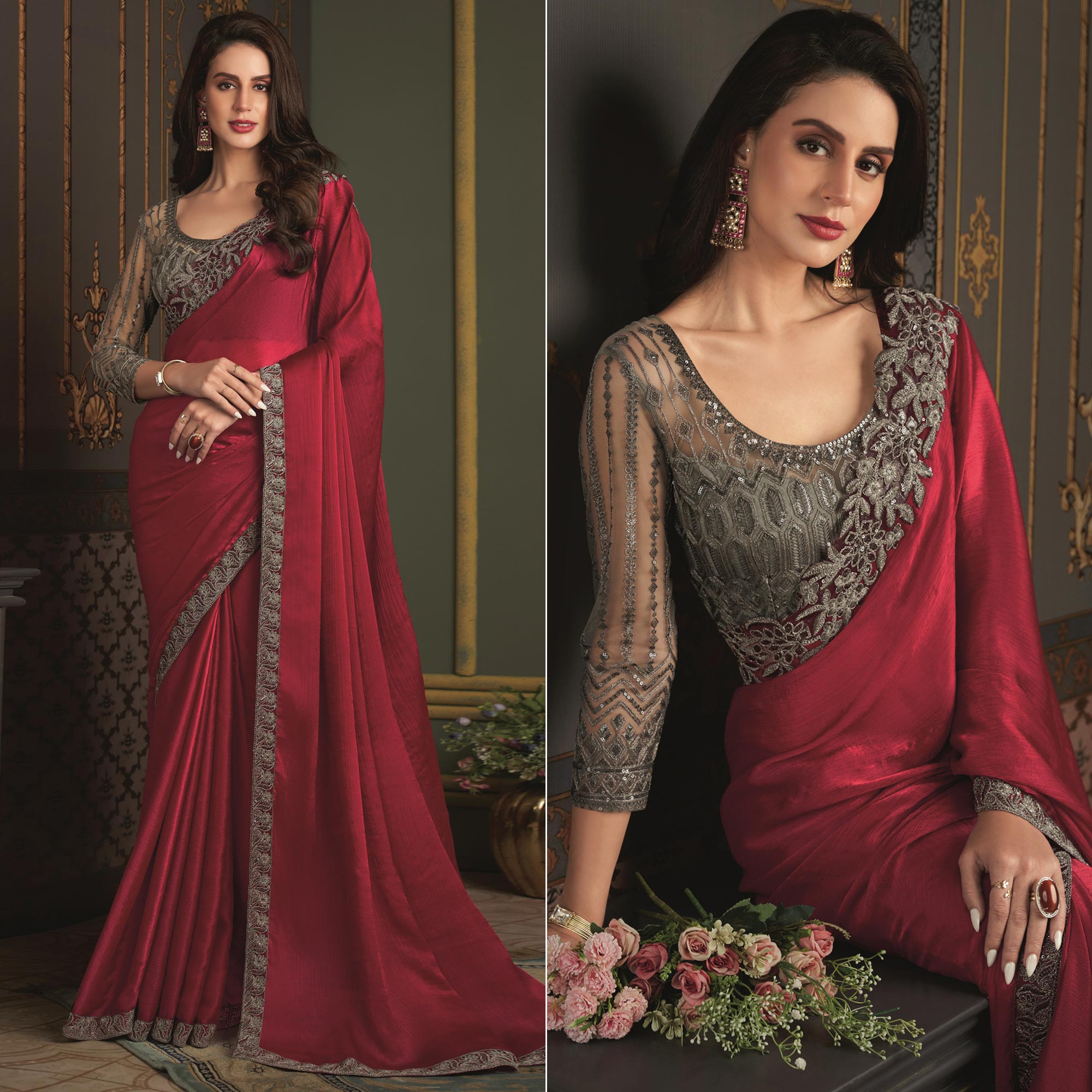 Red Embroidered Designer Satin Saree