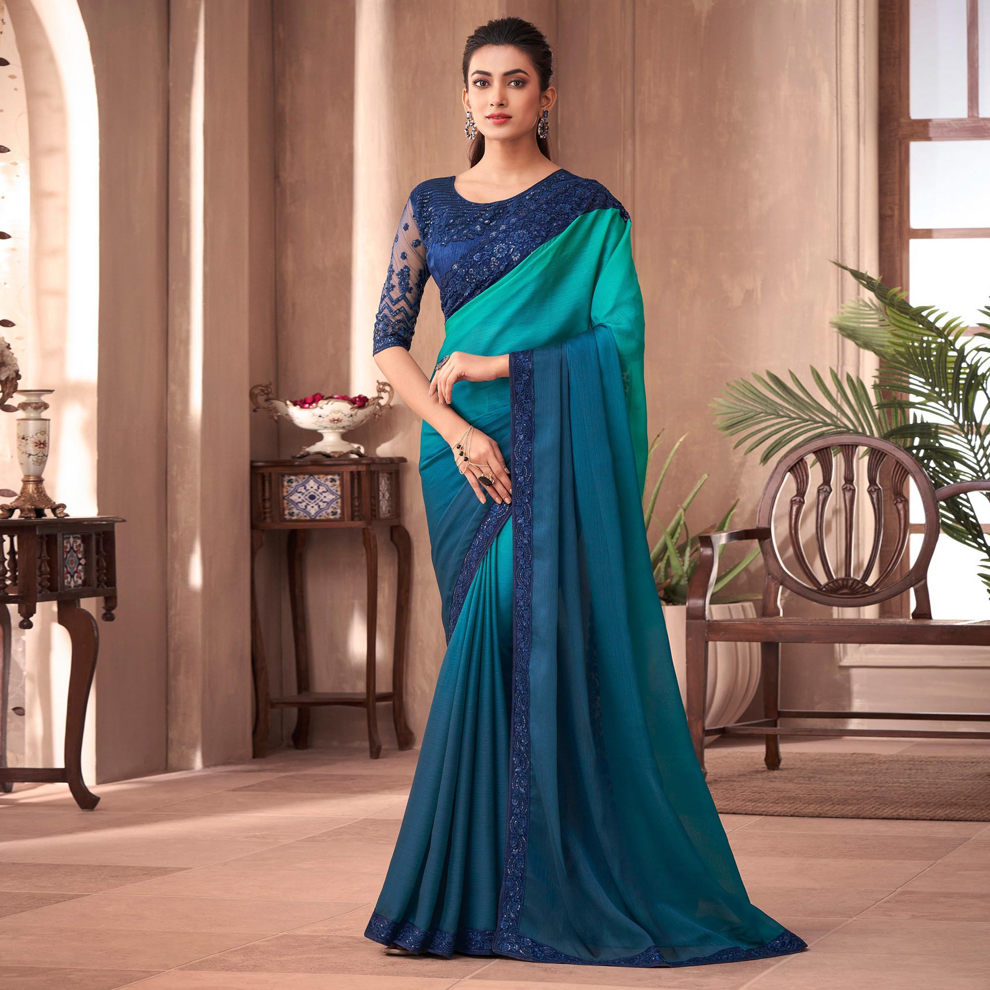 Peacock Green Floral Embroidered Georgette Saree
