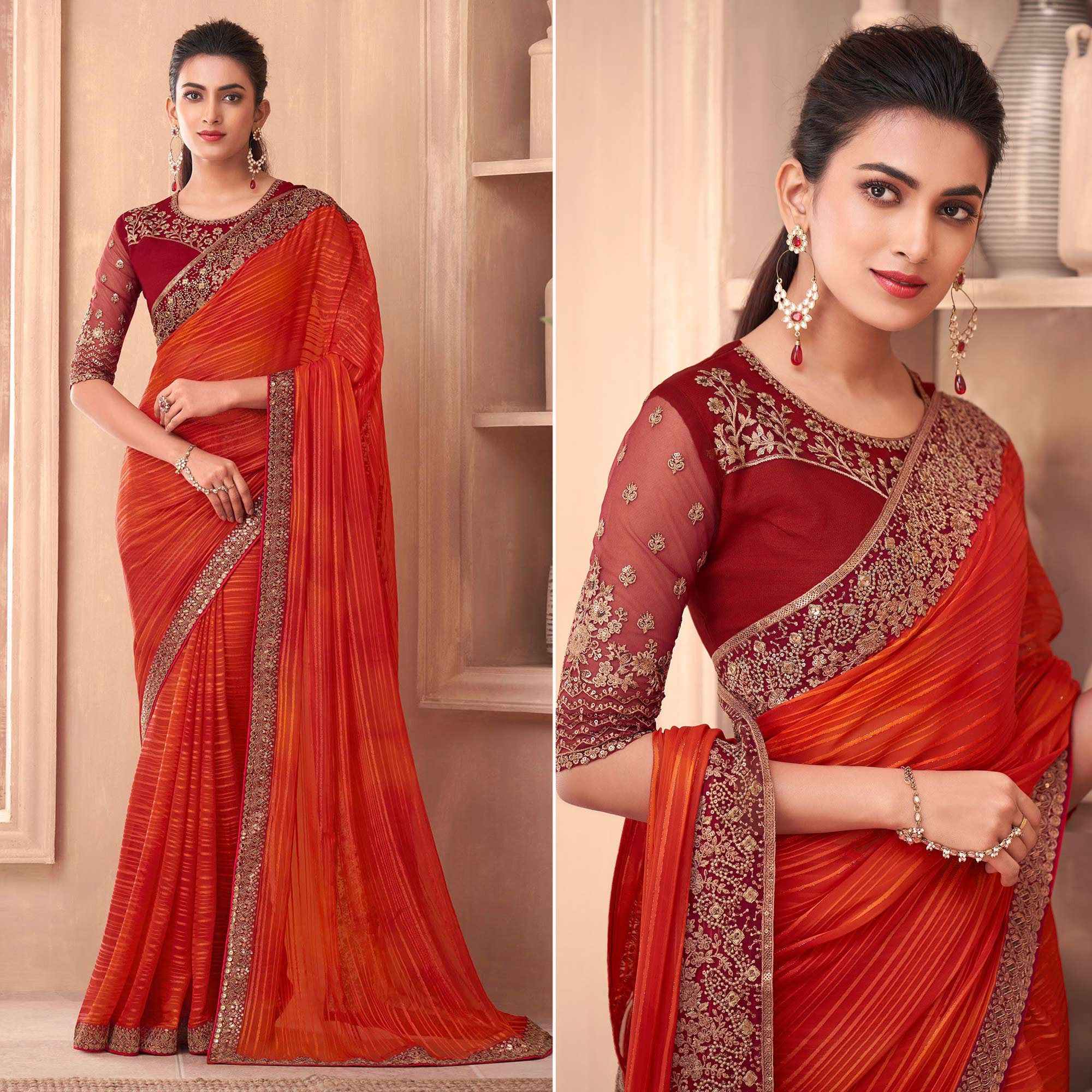 Orange Floral Embroidered Georgette Saree