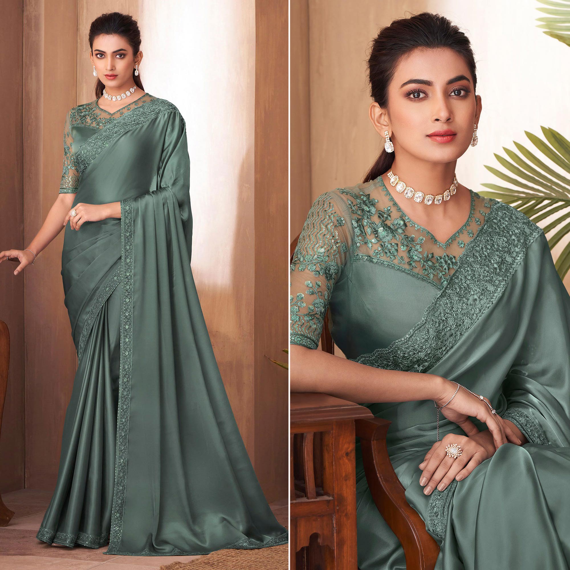 Teal Grey Floral Embroidered Georgette Saree