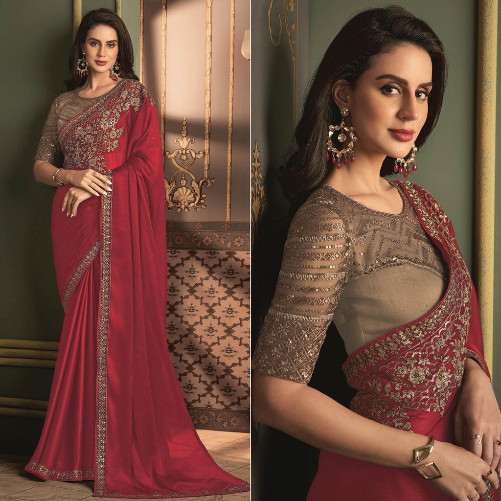 Pink Dual Tone Satin Silk Handwork Sequins Designer Saree