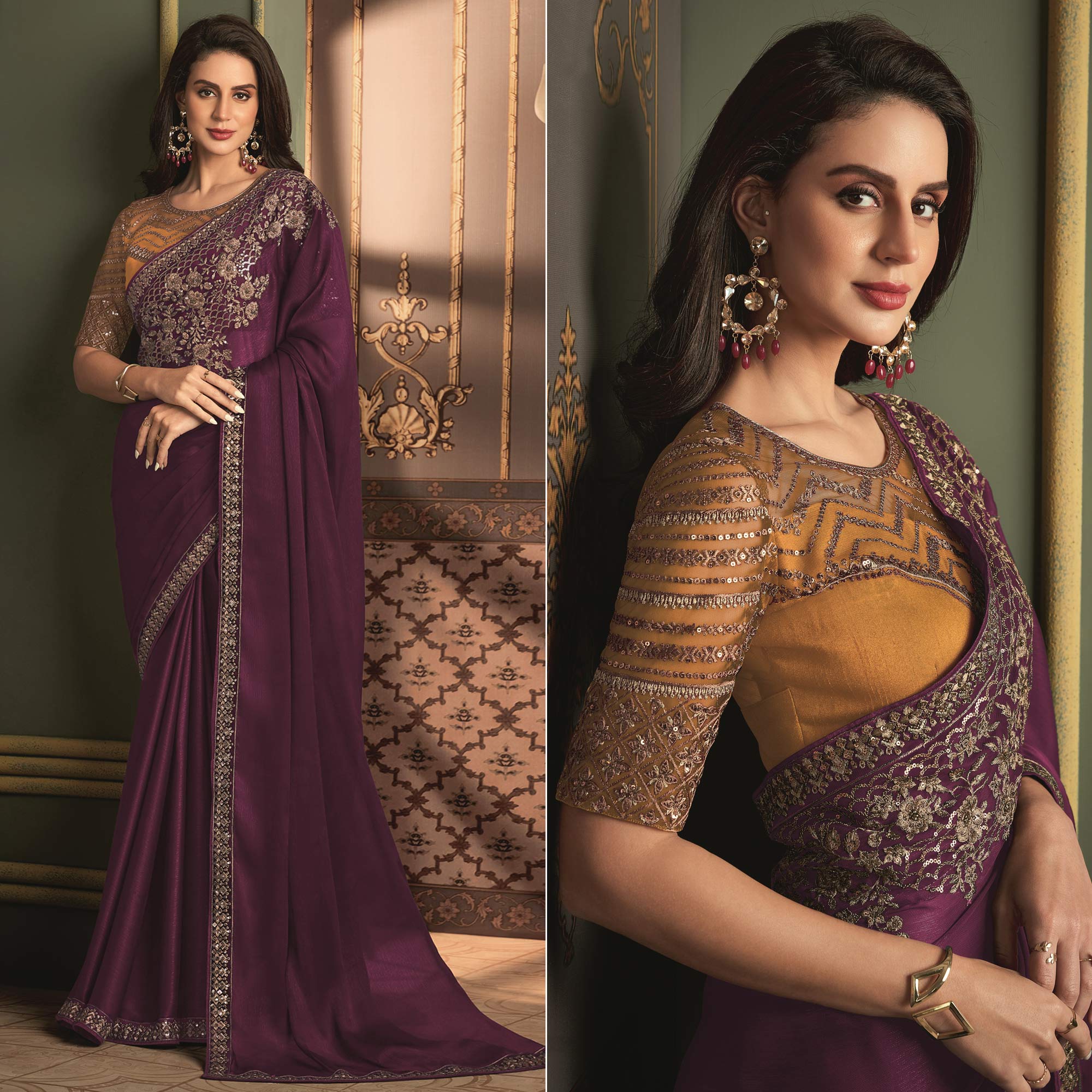 Purple Floral Sequins Embroidered Satin Saree