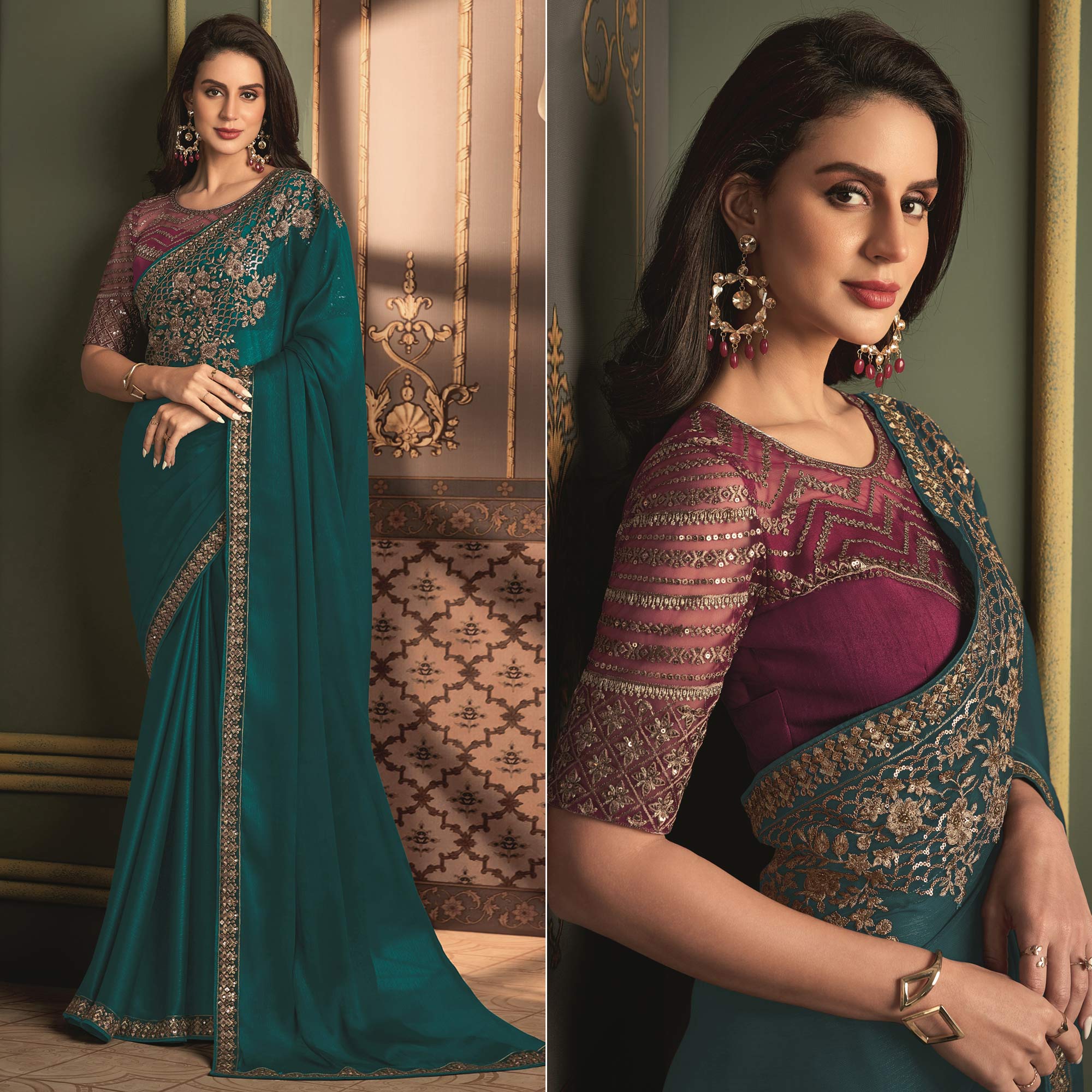 Teal Floral Sequins Embroidered Satin Saree