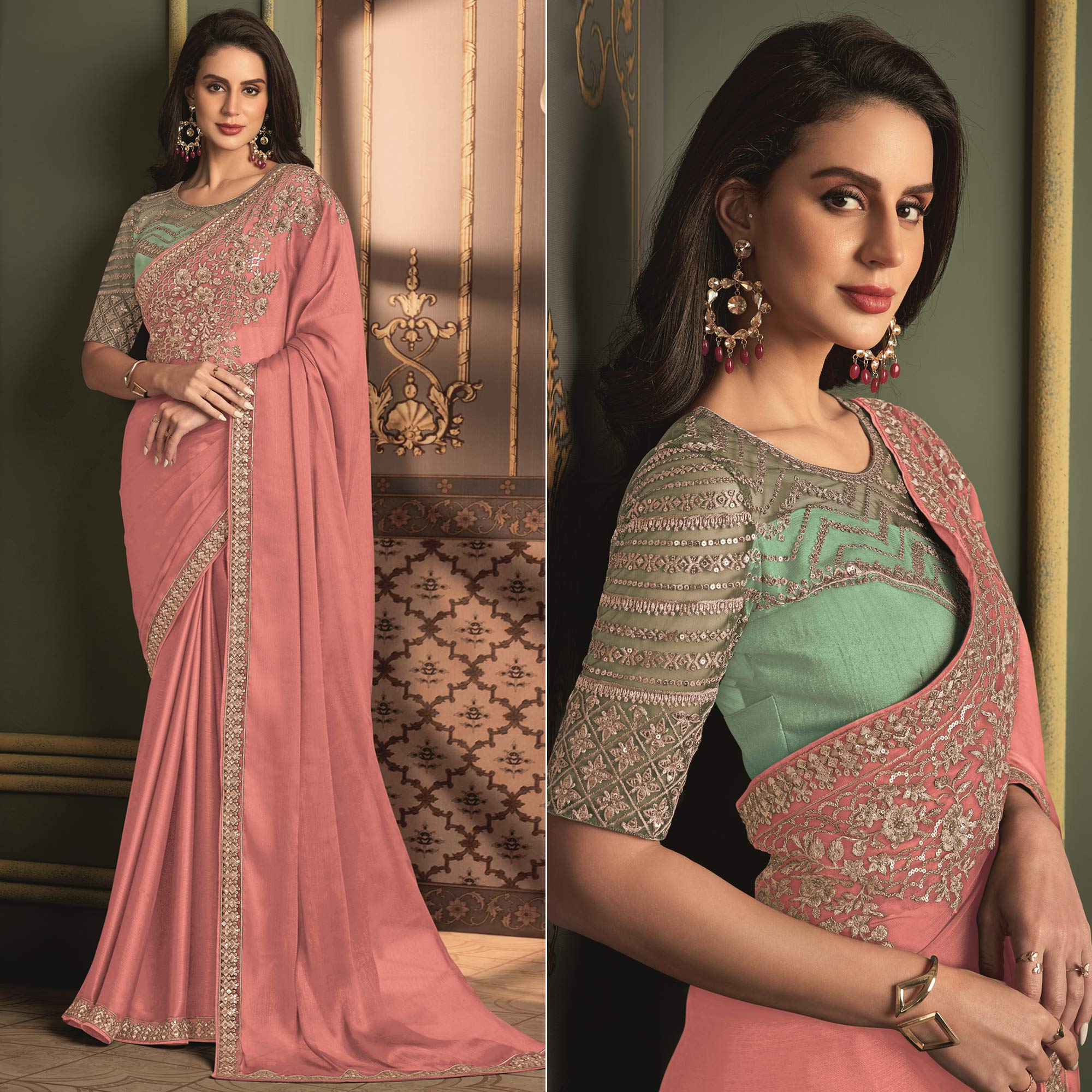 Peach Floral Sequins Embroidered Satin Saree