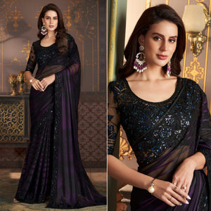 Black & Purple Embroidered Satin Saree