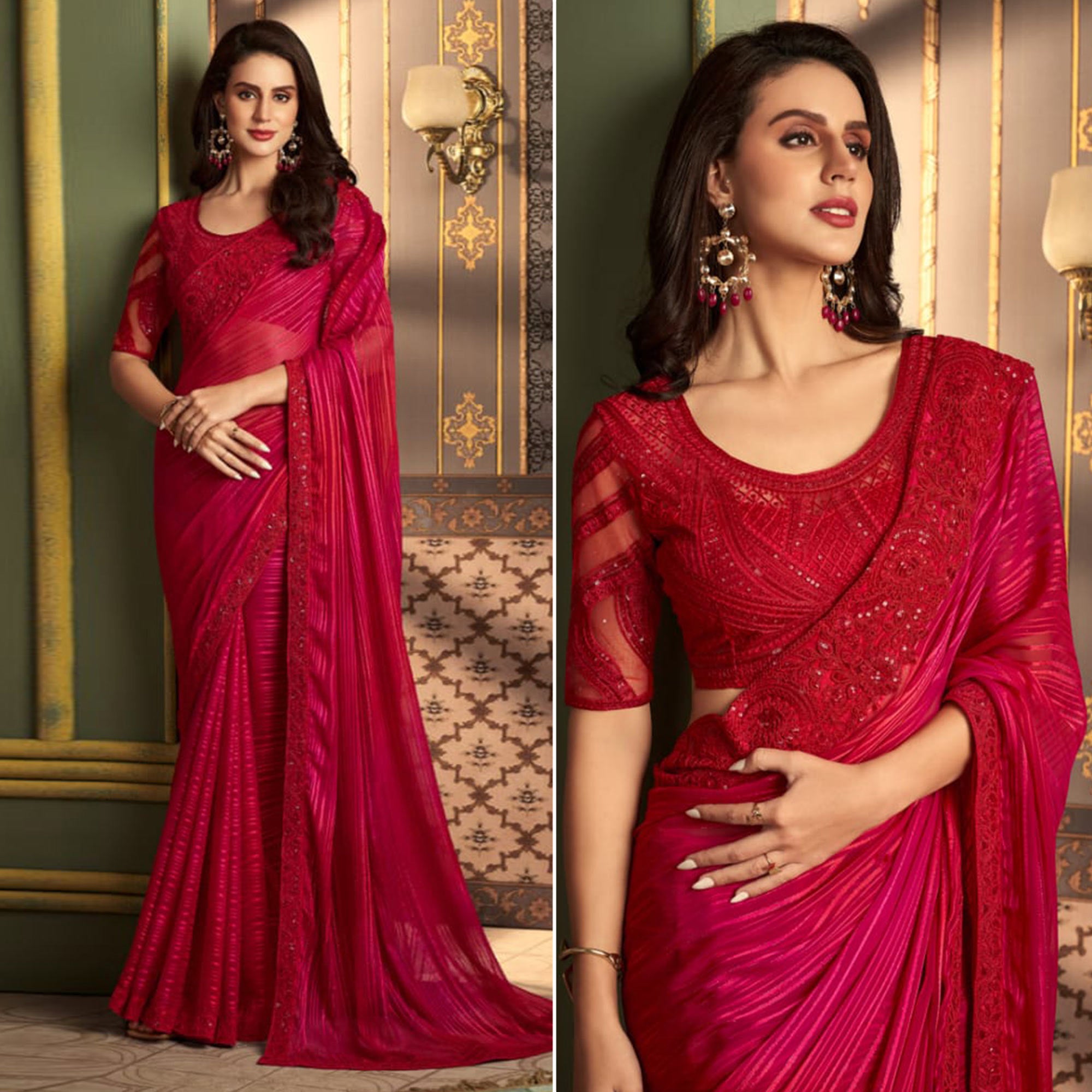 Rani Pink Embroidered Satin Saree