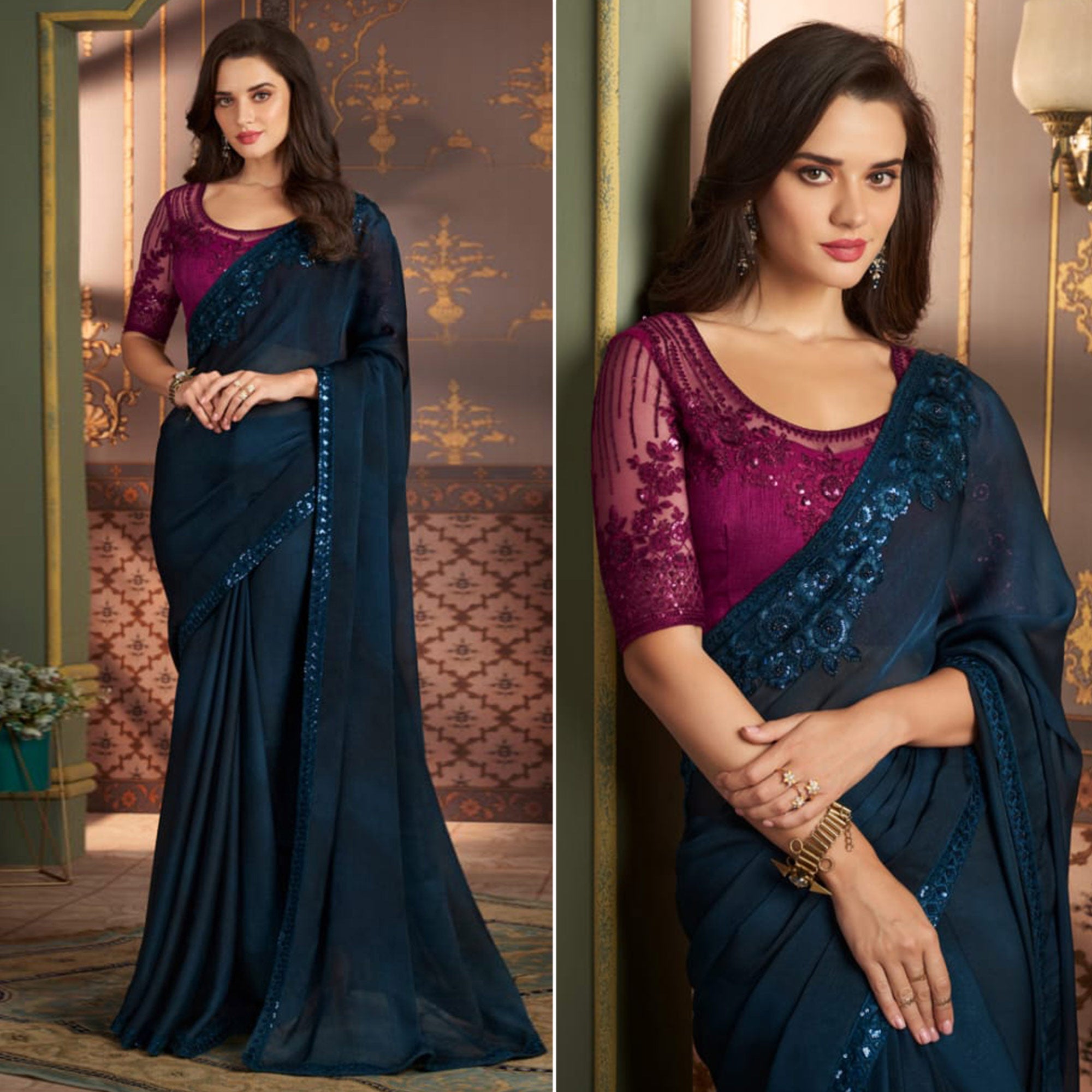 Teal Blue Embroidered Satin Saree