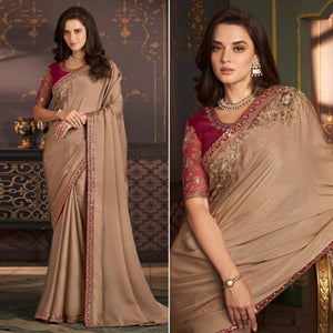 Beige Embroidered Satin Saree