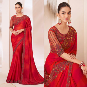 Red Embroidered Chiffon Saree