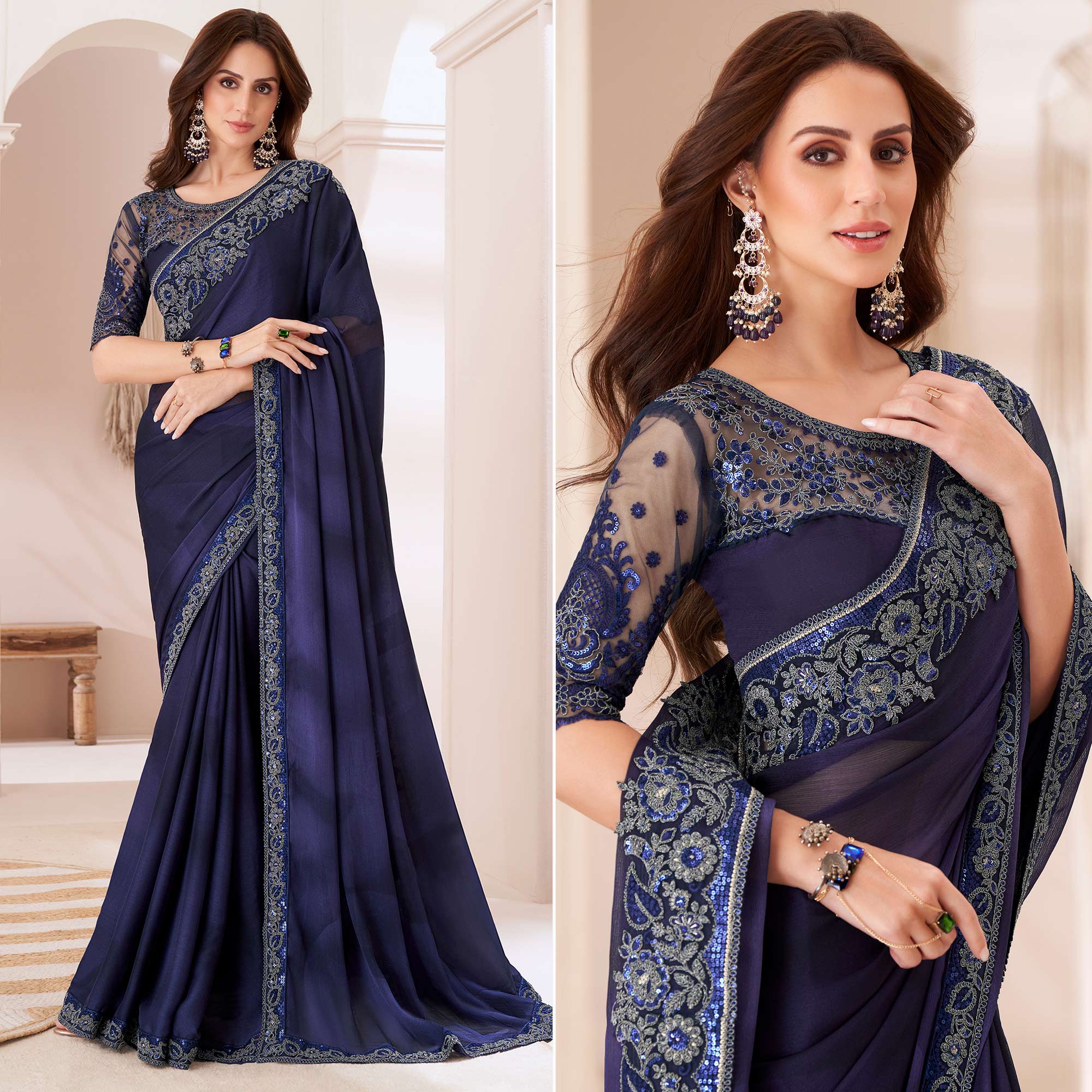 Blue Embroidered Chiffon Saree