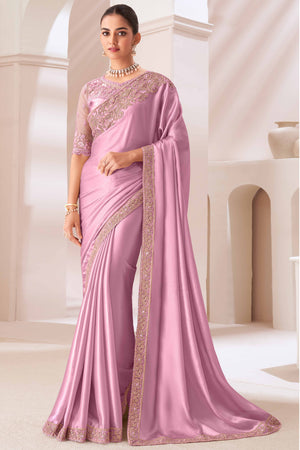 Pink Floral Sequins Embroidered Chiffon Saree