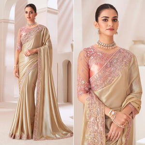 Beige Embroidered Chiffon Saree