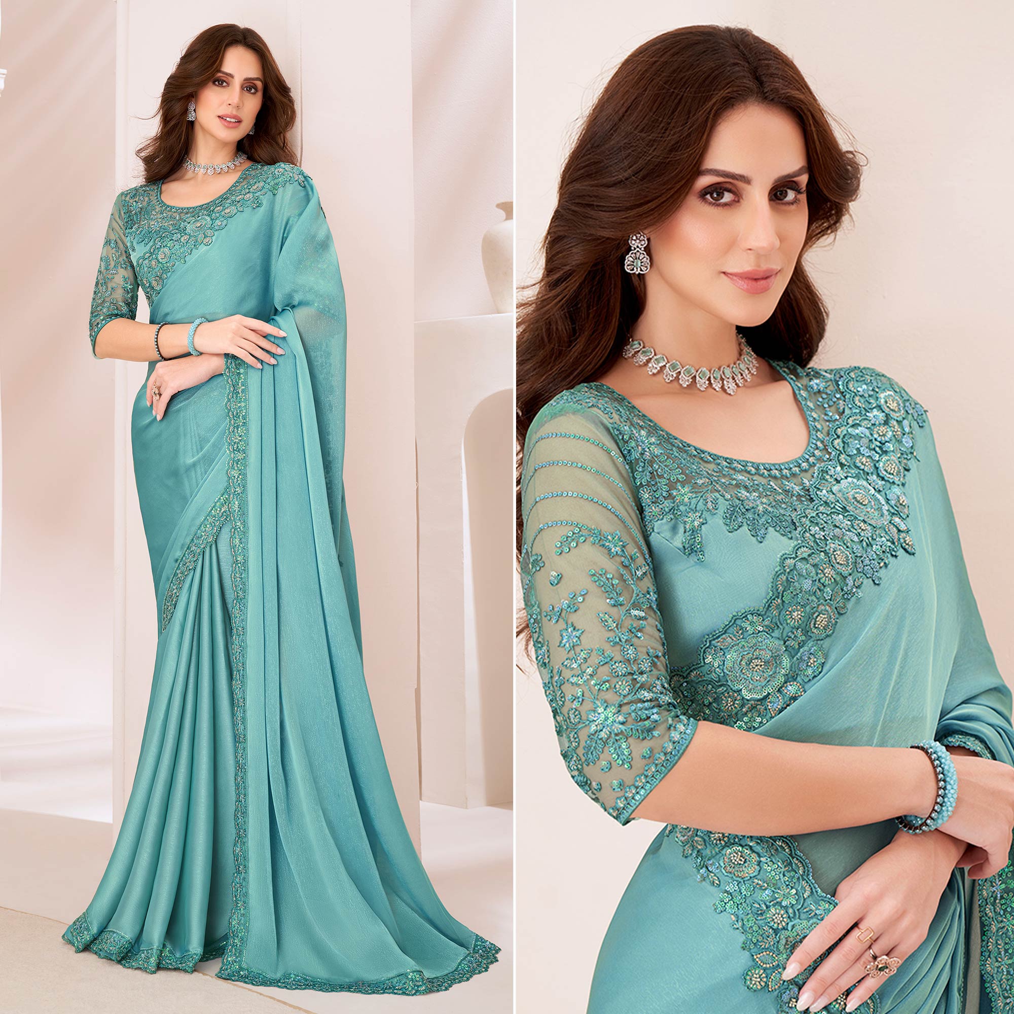 Light Turquoise Embroidered Georgette Saree