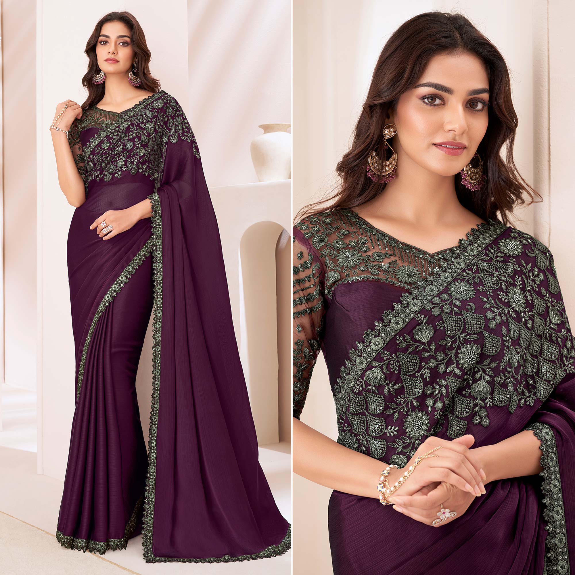 Wine Embroidered Chiffon Saree