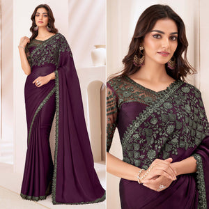 Wine Embroidered Chiffon Saree