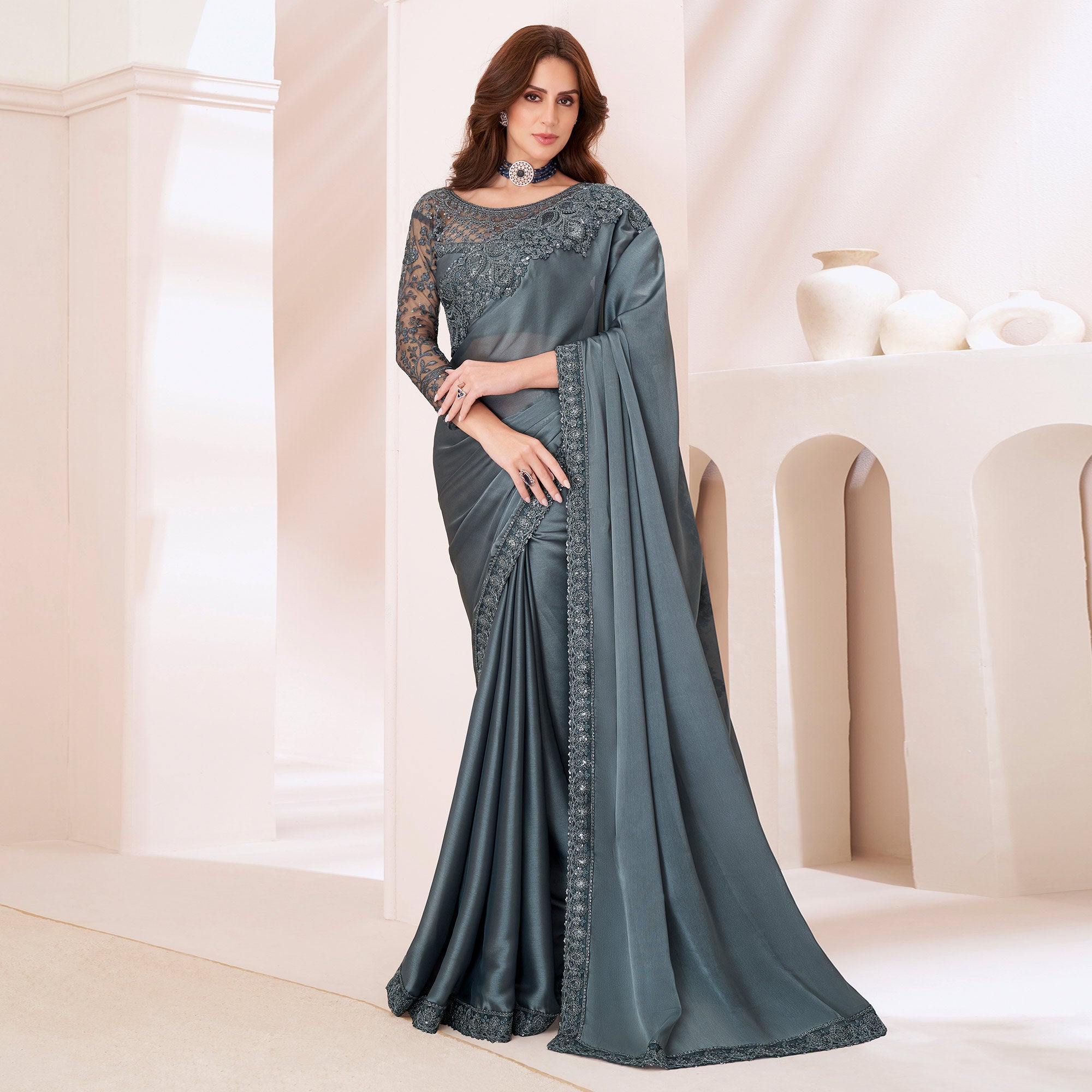 Grey Embroidered Georgette Saree