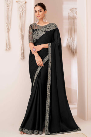 Black Floral Sequins Embroidered Georgette Saree