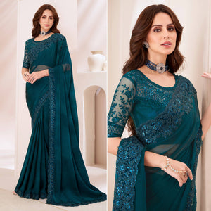 Morpich Blue Embroidered Chiffon Saree
