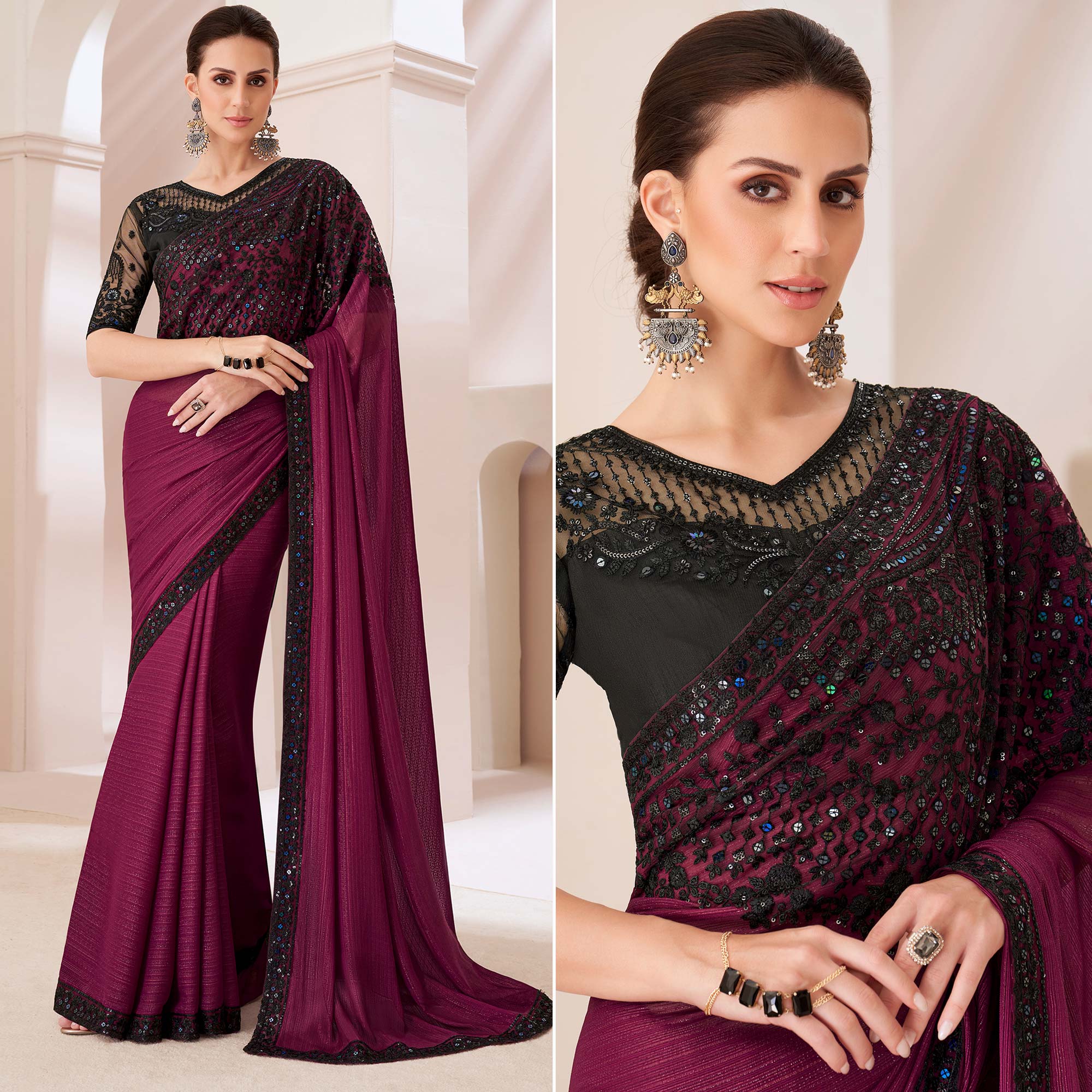 Wine Embroidered Georgette Saree