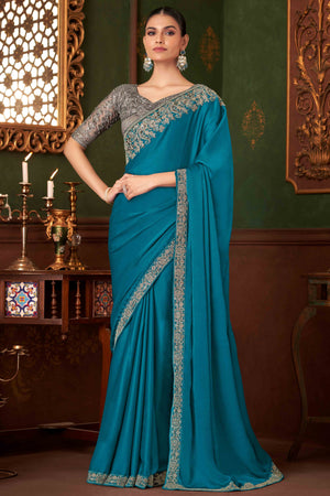 Teal Sequins Embroidered Chiffon Saree