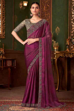 Magenta Sequins Embroidered Chiffon Saree