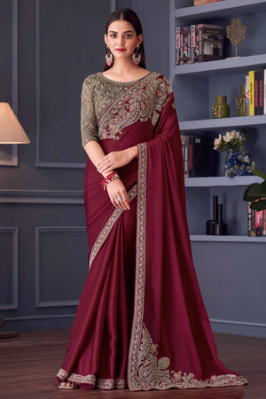 Maroon Sequins Embroidered Satin Saree