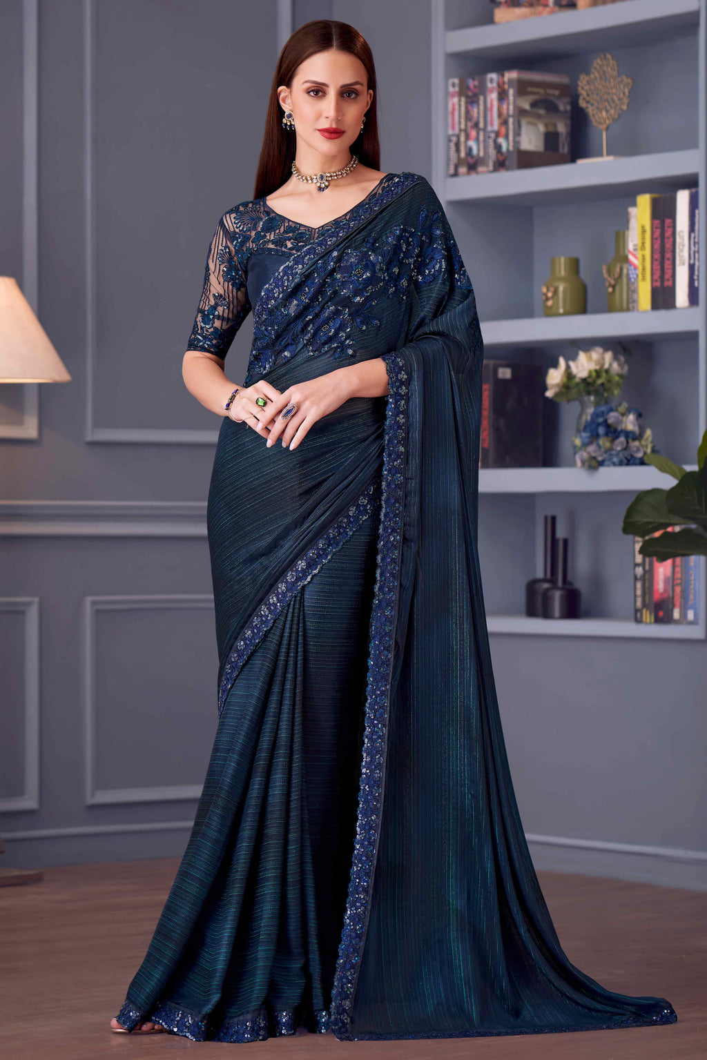 Midnight Teal Space Satin Sequin Embroidered Saree