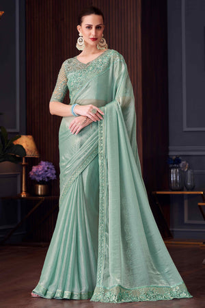Sea Green Sequins Embroidered Chiffon Saree