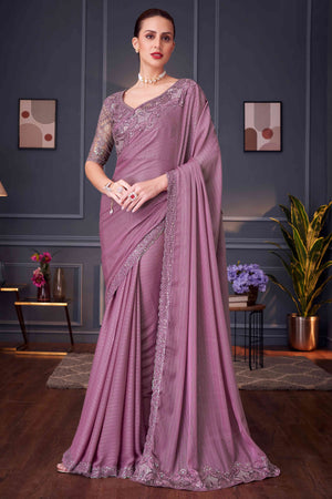 Mauve Sequins Embroidered Satin Saree