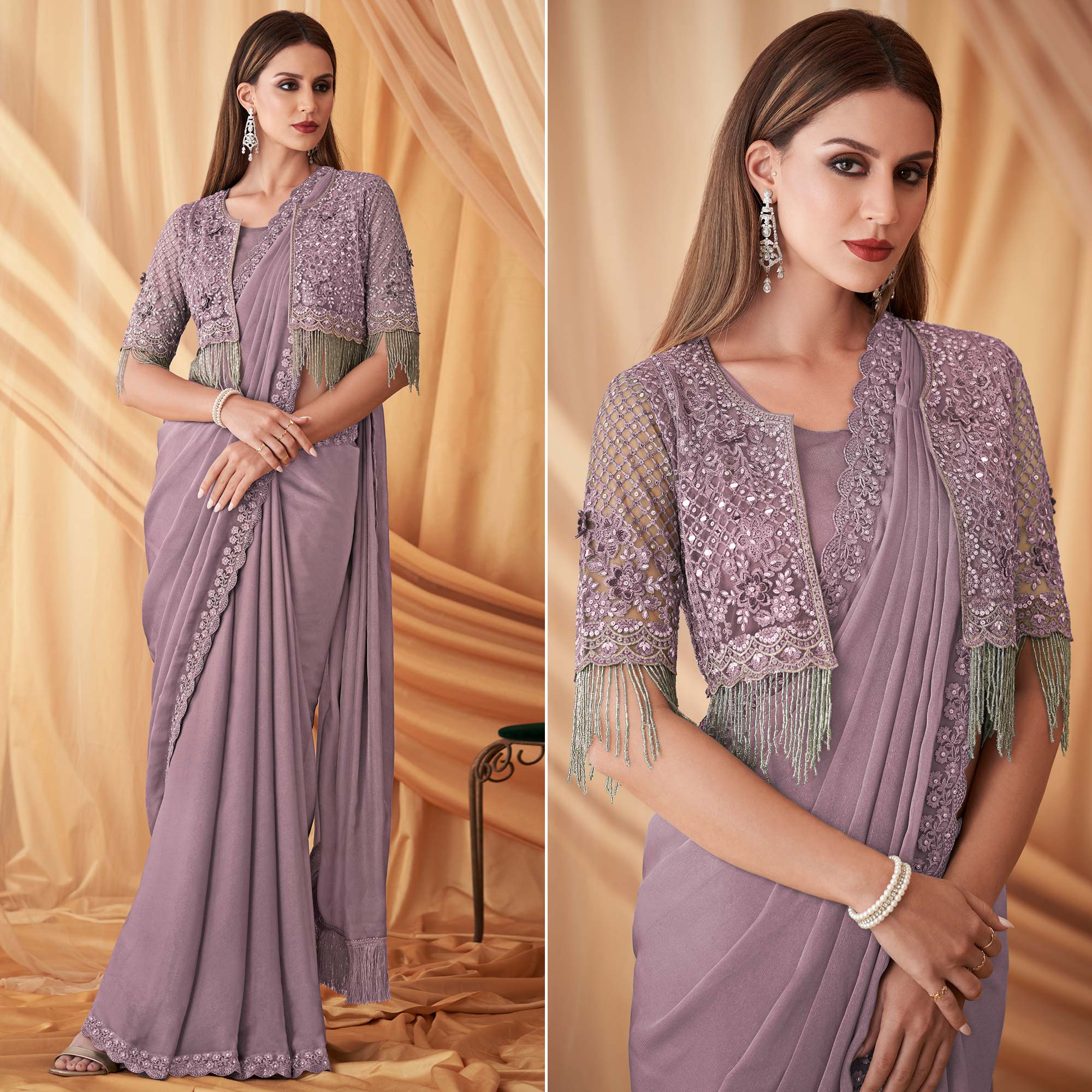 Lavender Embroidered Satin Saree With Jacket
