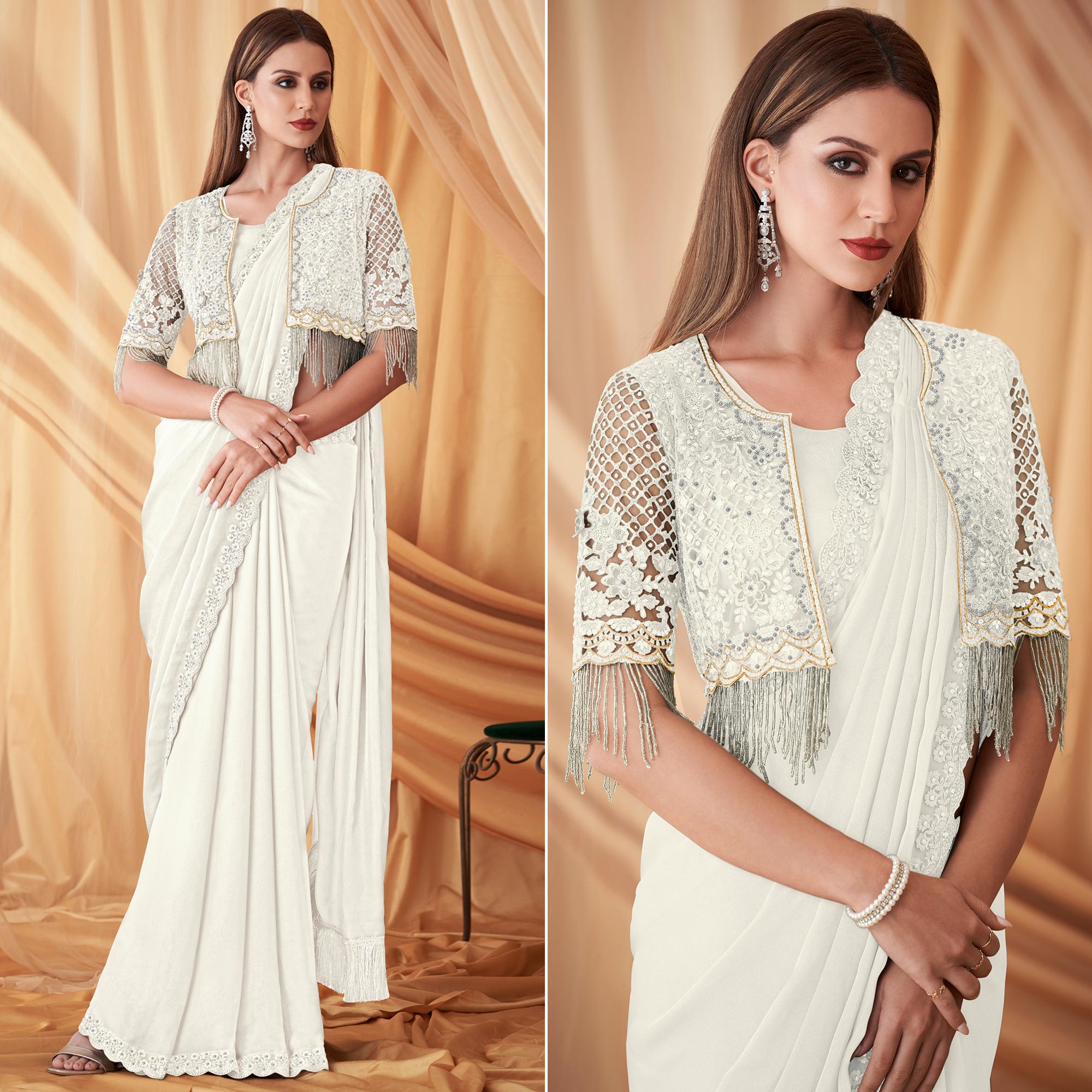Off White Embroidered Satin Saree With Jacket