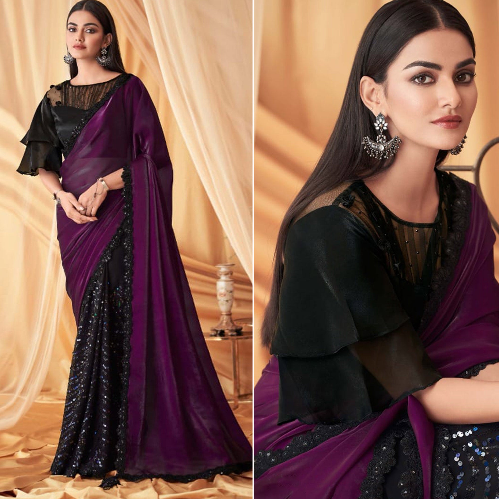 Purple & Black Sequins Embroidered Georgette Saree With Tassels