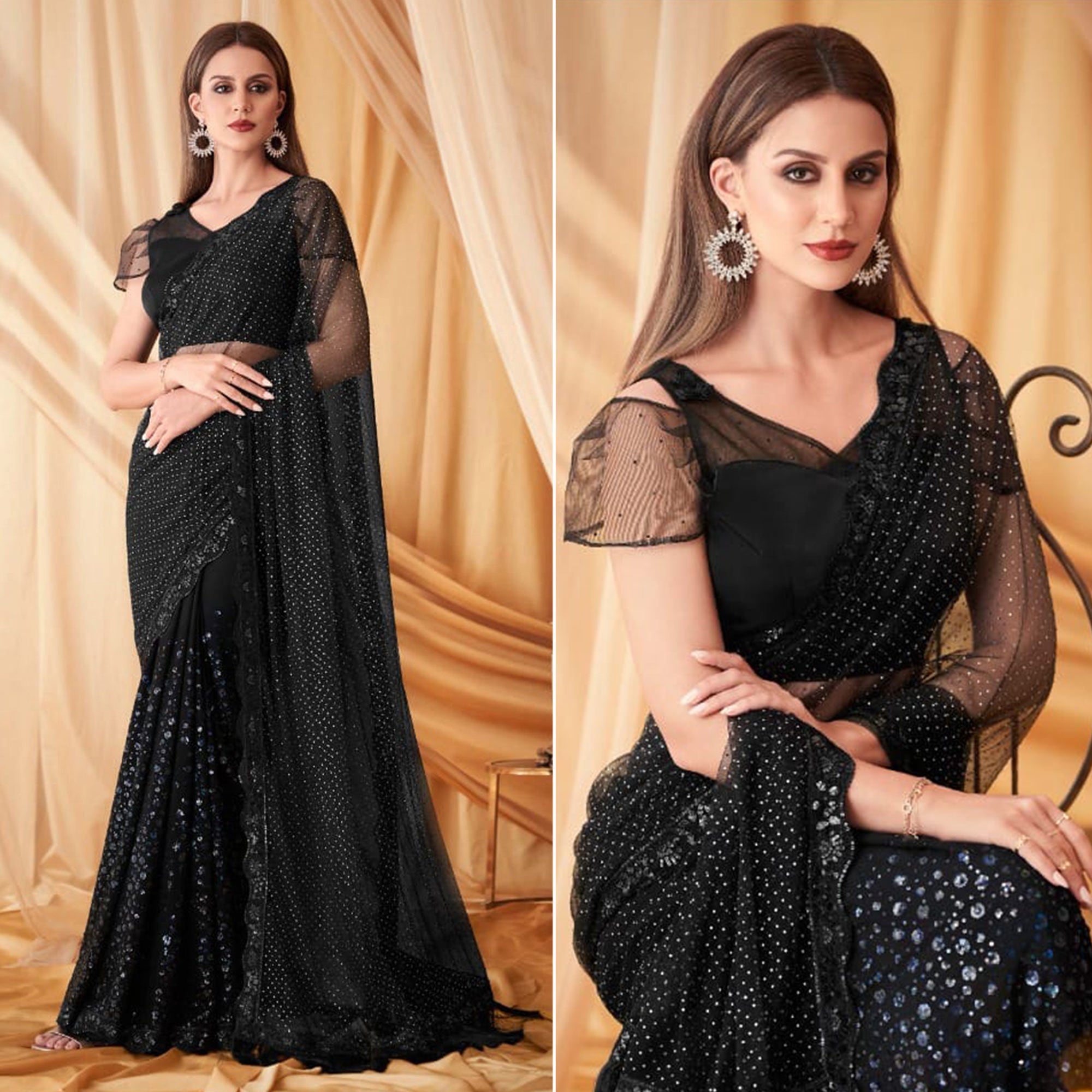 Black Sequins Embroidered Georgette Saree With Tassels