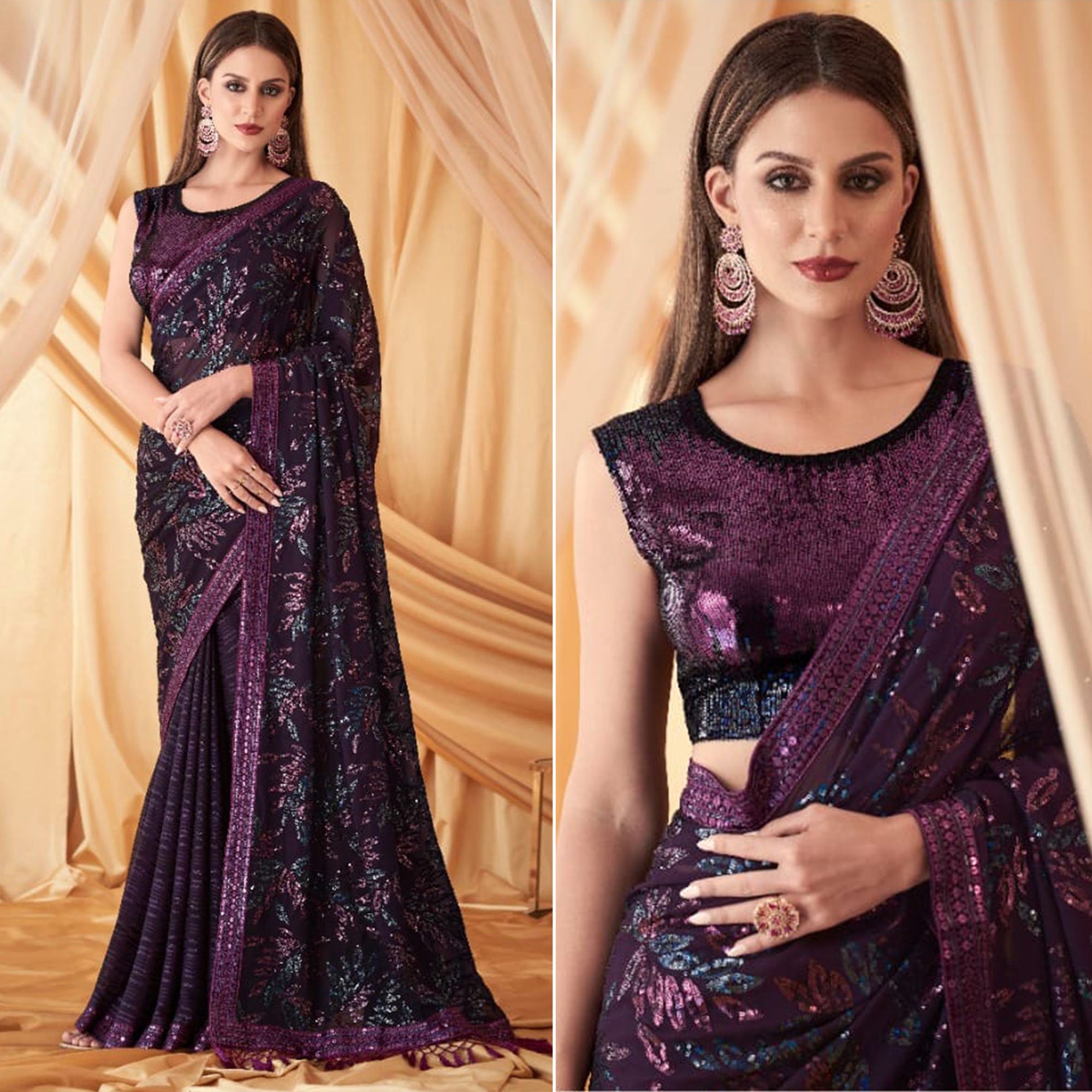 Wine Sequins Embroidered Georgette Saree With Tassels