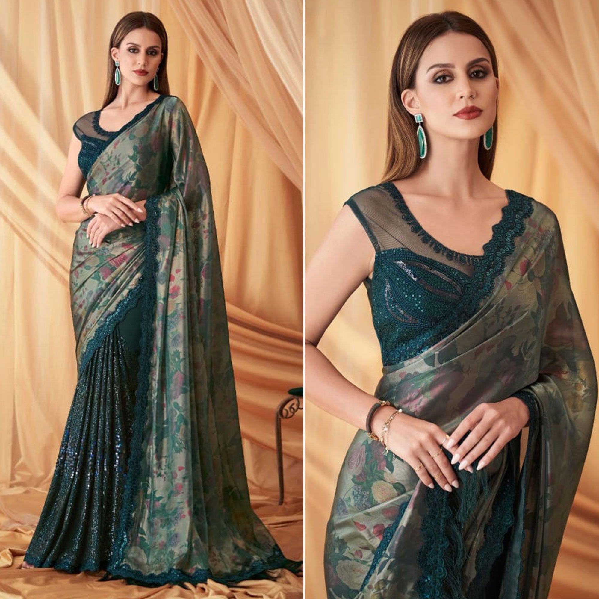 Teal Green Sequins Embroidered Georgette Saree With Tassels