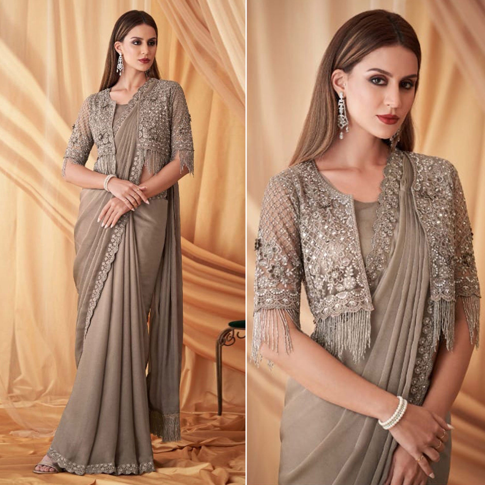 Beige Sequins Embroidered Georgette Saree With Tassels