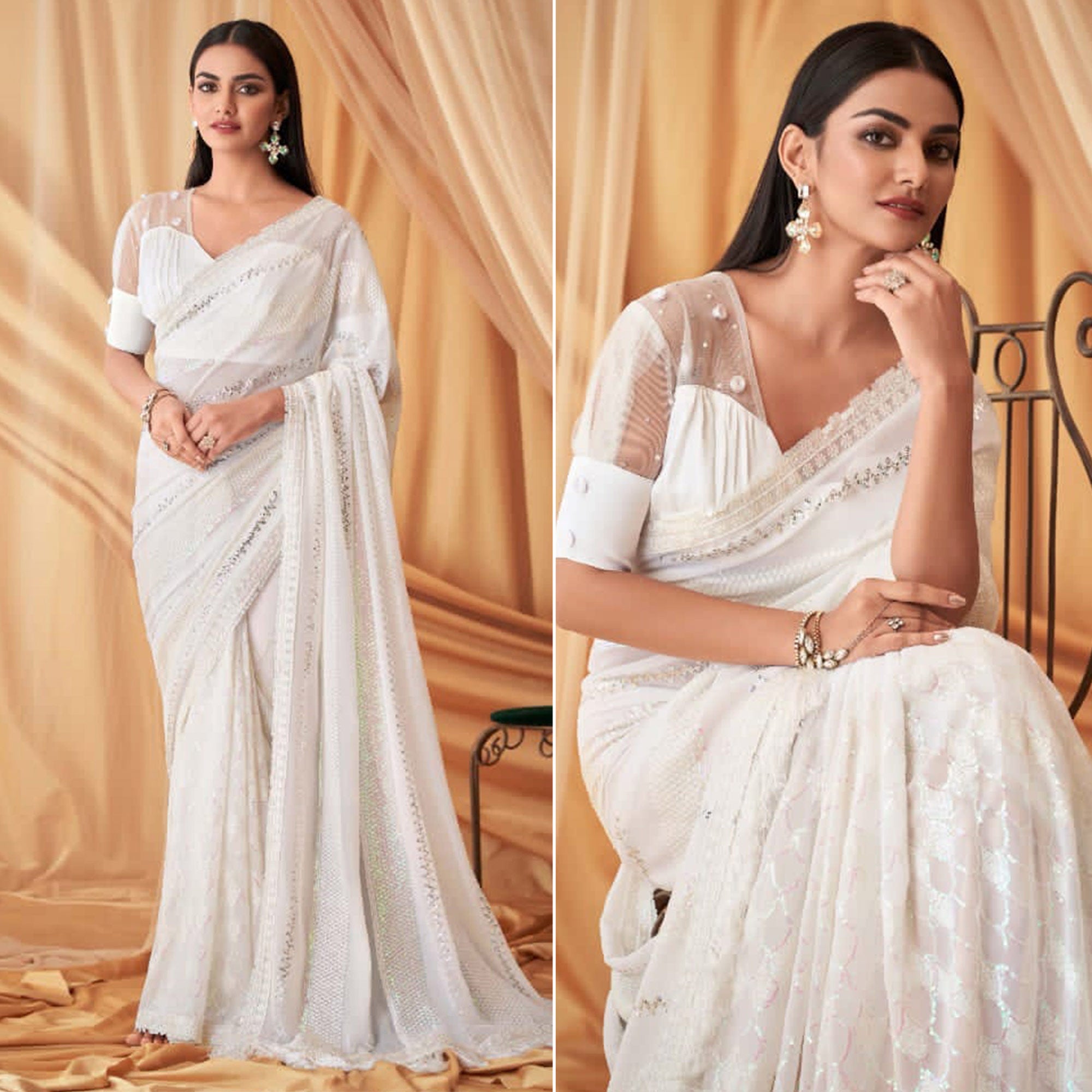 White Sequins Embroidered Georgette Saree With Tassels