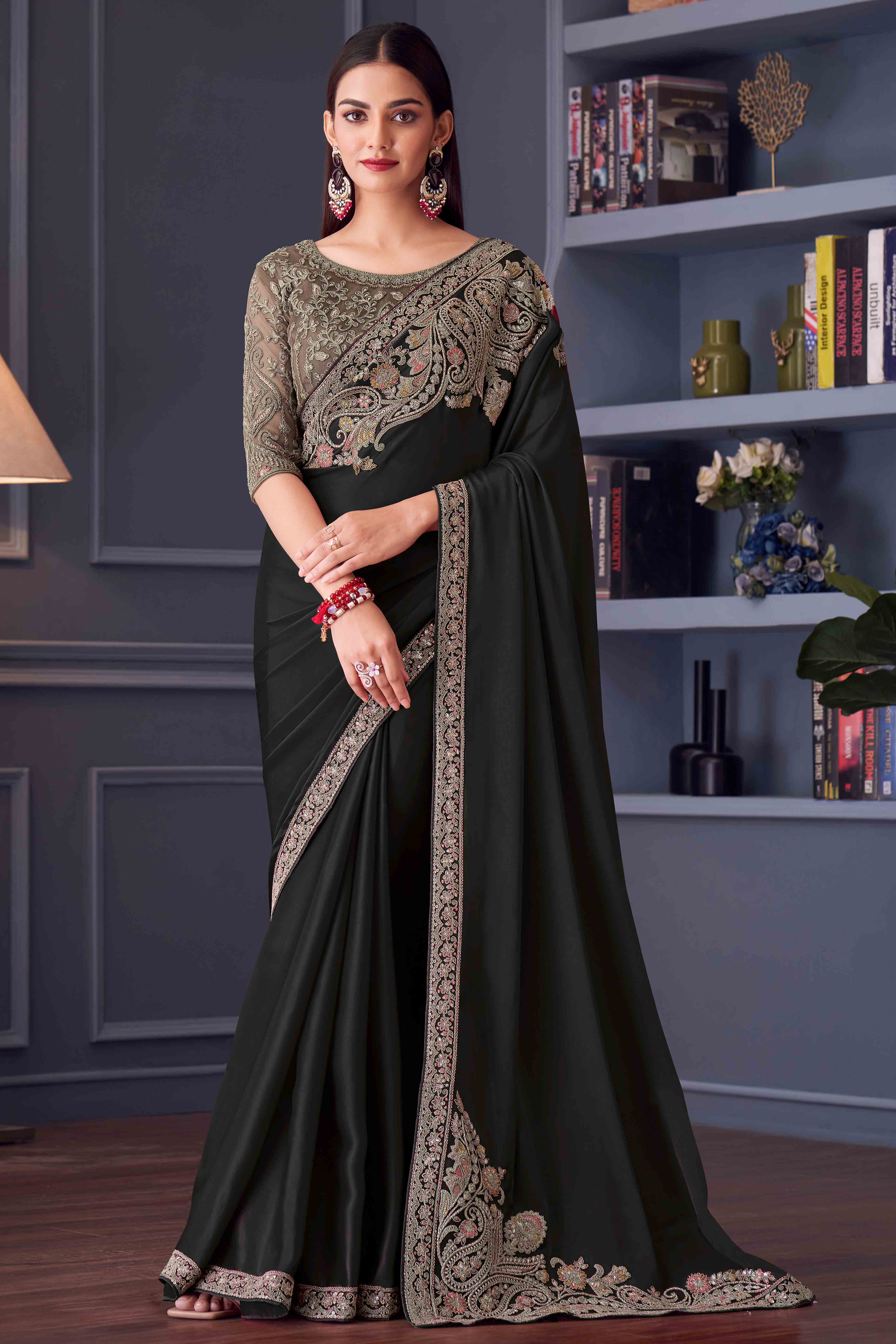 Black Satin Saree Embellished with Sequin Work
