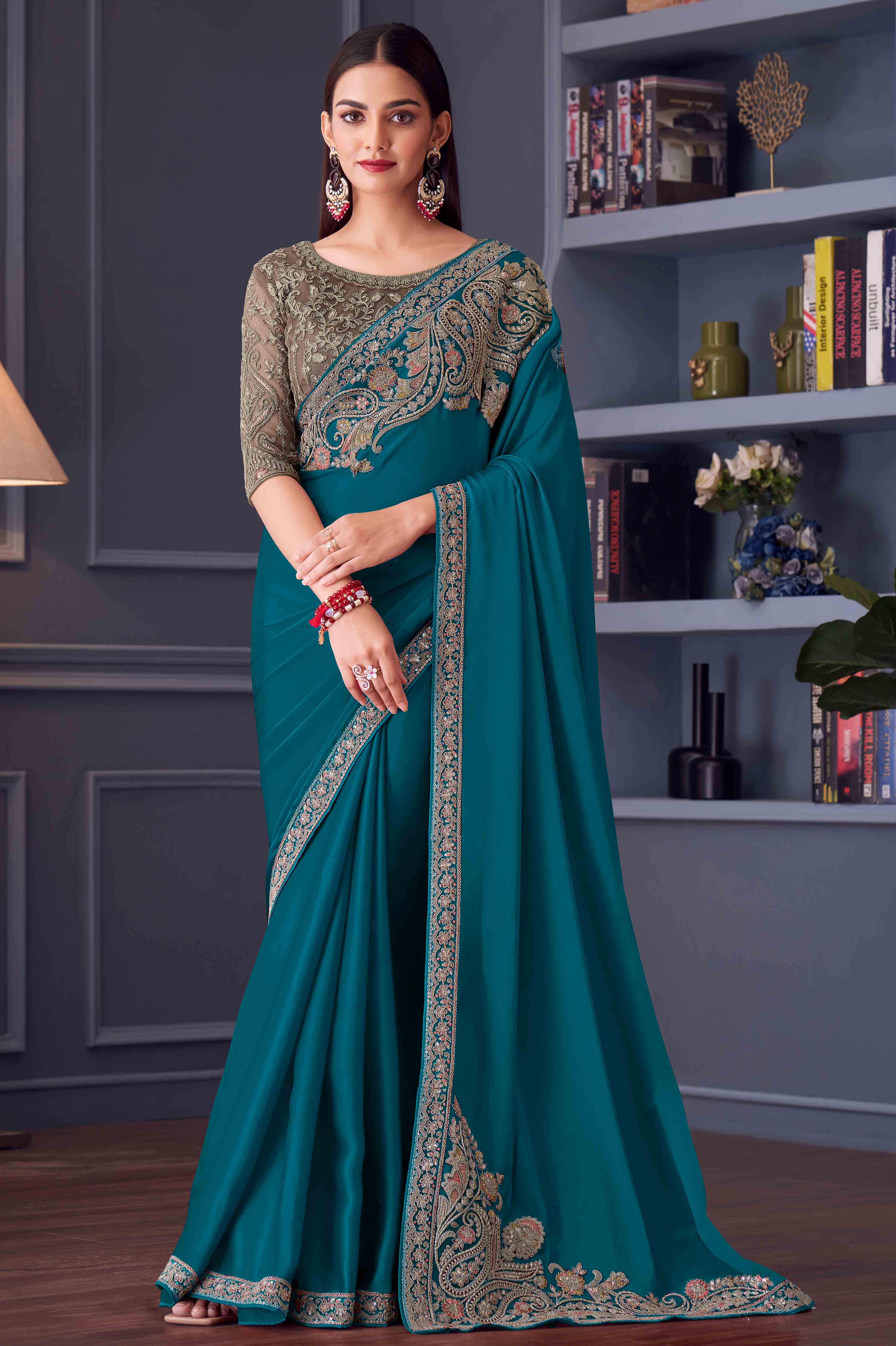 Teal Satin Saree Embellished with Sequin Work